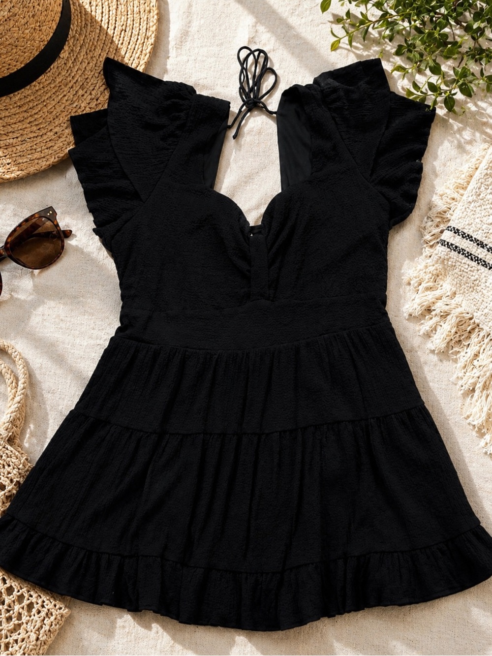 Arula Black Tiered Ruffle Mini Dress Flutter Sleeve Deep V Size 2X - Picture 1 of 3